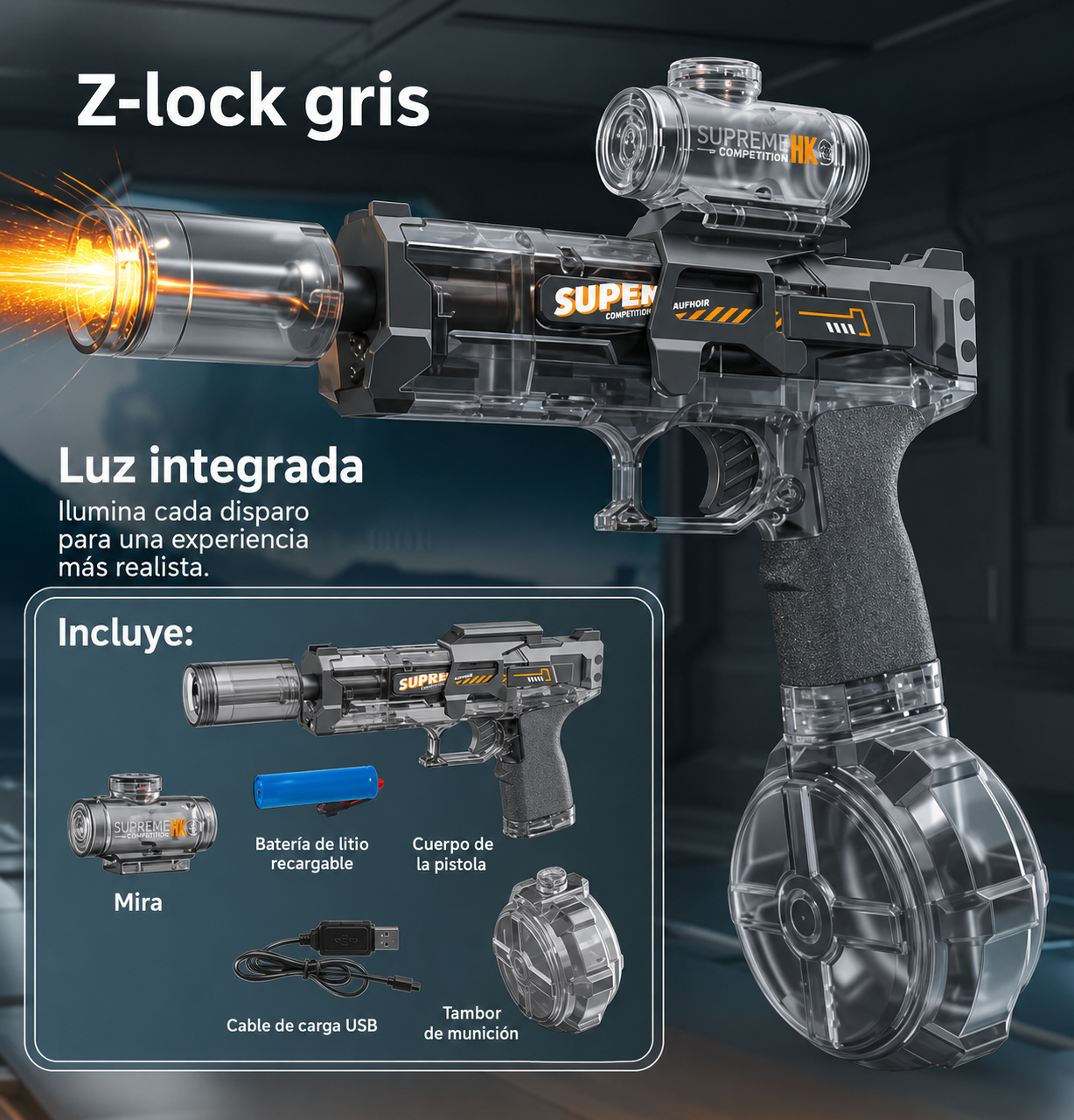 Z-Lock™ – Pistola de Gel Eléctrica con Luz LED, Mira y Tambor de Alta Capacidad Recargable por USB